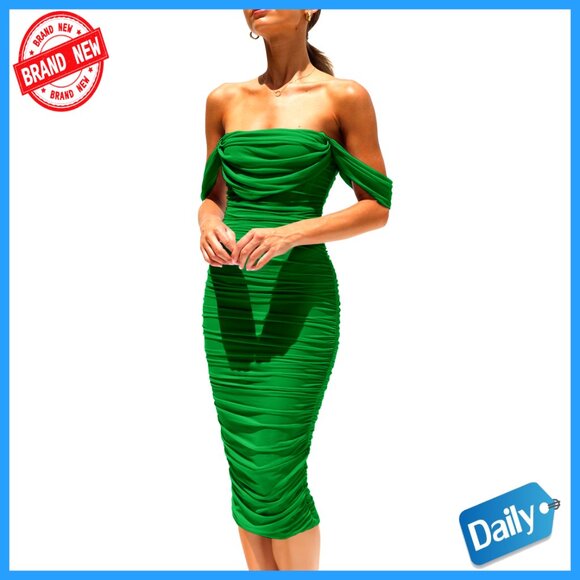 Dresses & Skirts - Sleeveless Off Shoulder Ruched Bodycon Midi Dress for Party Club Events